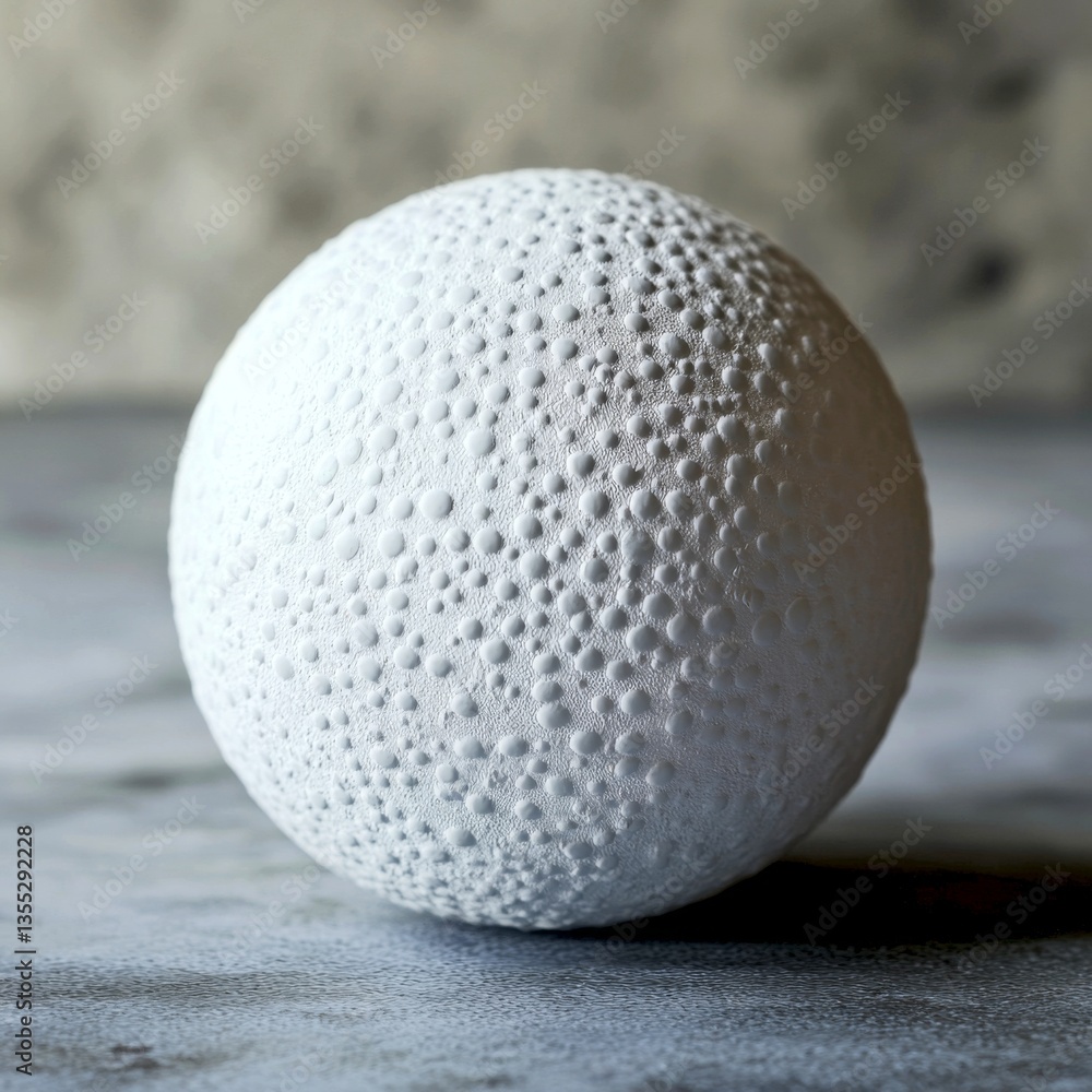 Poster a simple white ball with a textured surface. it has a rough appearance and is placed on a subtle bac