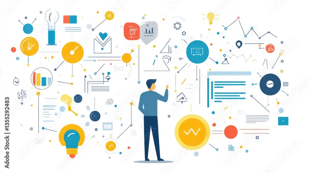 Poster strategic planning & data visualization: a man interacting with a complex network of ideas and infor