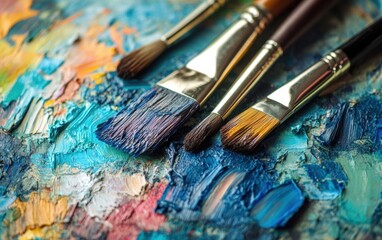 Obraz premium Four paintbrushes lie on a textured canvas covered in thick, colorful oil paint strokes. 