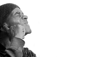 deaf man suffering from deafness and hearing loss on black gray background with people stock photo...