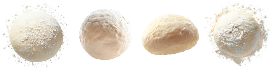 Four raw dough balls with a dusting of flour, isolated on a transparent background. Fresh yeast dough in different shapes, ideal for baking bread, pizza, and pastries