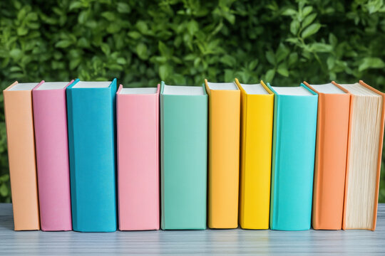 Colorful stacked books display in outdoor setting on sunny day
