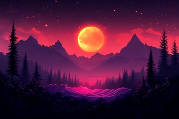 Fototapeta premium Surreal Mountain Landscape at Night with Glowing Full Moon and Starry Sky Backdrop