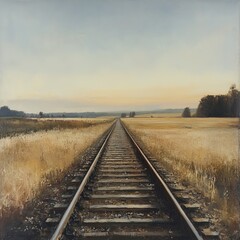 Fototapeta premium An empty railway track stretching through a rural landscape, the metal rails glinting under the soft morning sun, the surrounding fields silent and vast, peaceful and desolate.