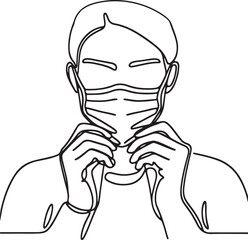 Protective Mask Adjustment by Healthcare Worker - Simple Line Drawing