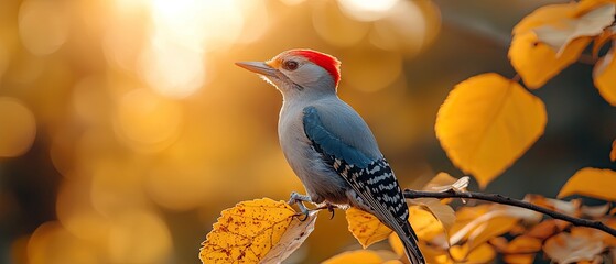 A small, colorful bird perches on a branch amidst vibrant autumn leaves, bathed in the warm glow of the setting sun