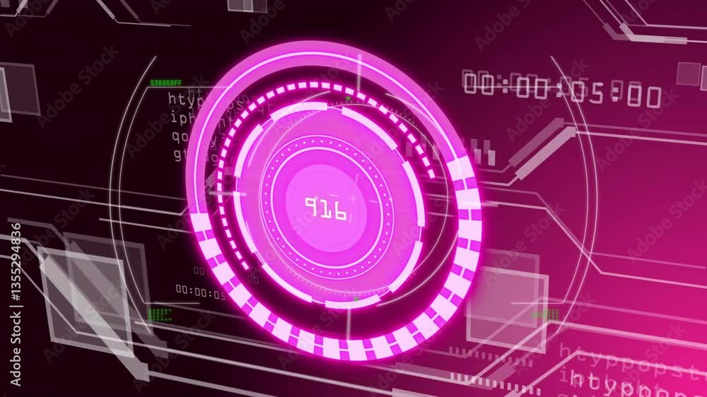 Poster pink circular graphics and data processing elements in futuristic digital animation