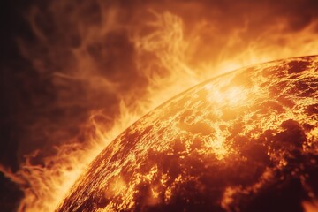 Fiery sun closeup with intense solar flares and glowing surface textures representing astrophysics, heat, star energy, and cosmic nuclear reactions, Generative AI