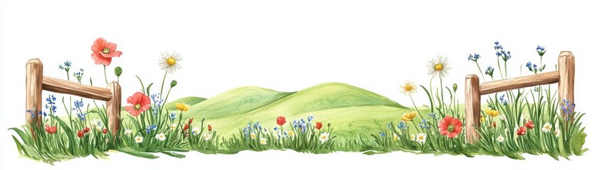 Colorful floral landscape with fence and rolling hills