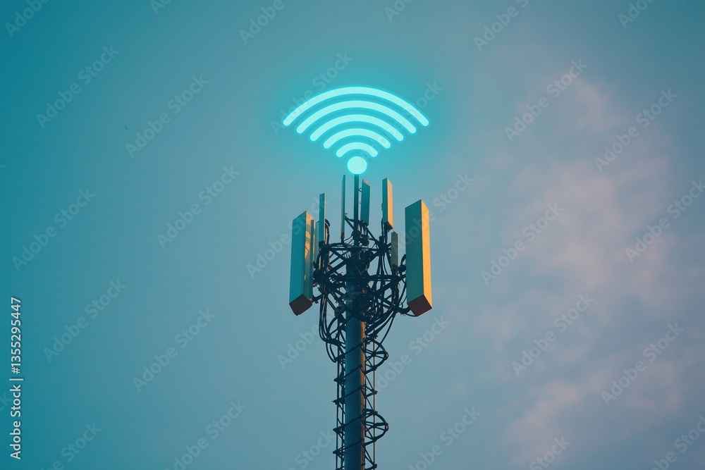Aufkleber cellular communication tower with blue wireless signal icon on top against sky, concept of mobile da