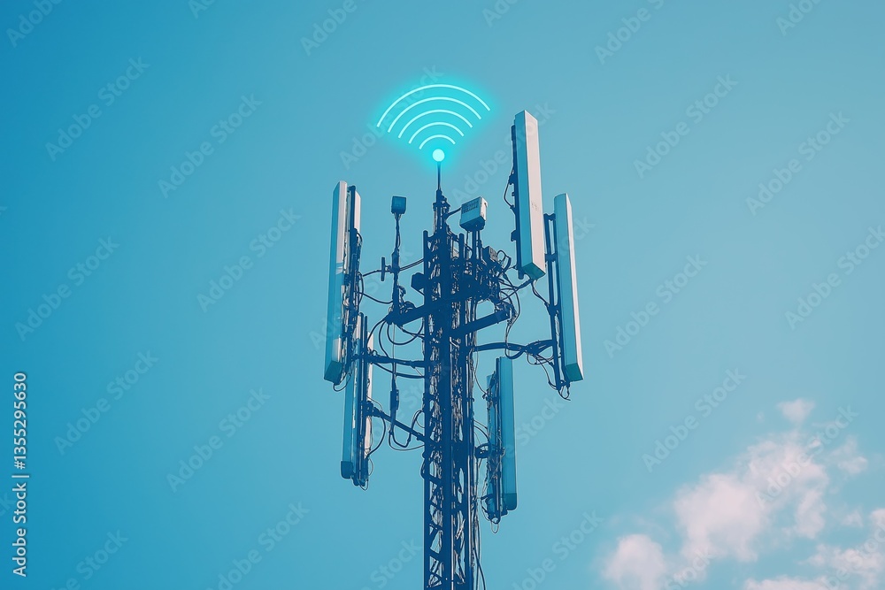 Poster cellular communication tower with blue wireless signal icon on top against sky, concept of mobile da