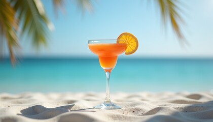 Tropical cocktail with orange slice on sandy beach  