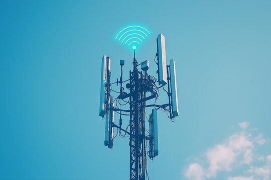 Cellular communication tower with blue wireless signal icon on top against sky, concept of mobile data, connectivity and modern technology, Generative AI