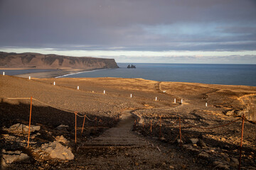 view from Drholaley towards Reynisfjara beach in Iceland