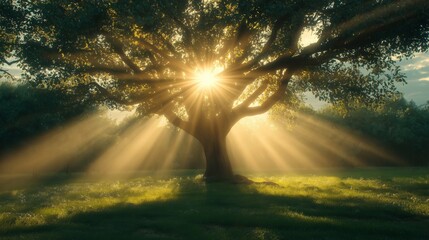 Sunlight streaming through large old tree in peaceful green meadow, natural light rays and warm serene morning forest landscape, Generative AI