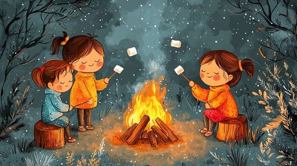 Fototapeta premium Cozy Campfire Scene with Children Enjoying Marshmallows in Nature