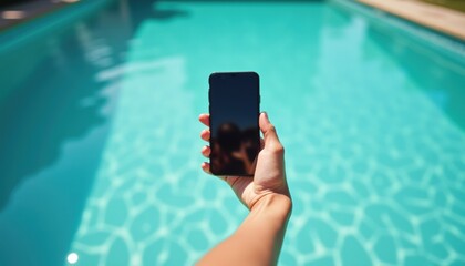 Hand holding smartphone over crystal clear pool water  
