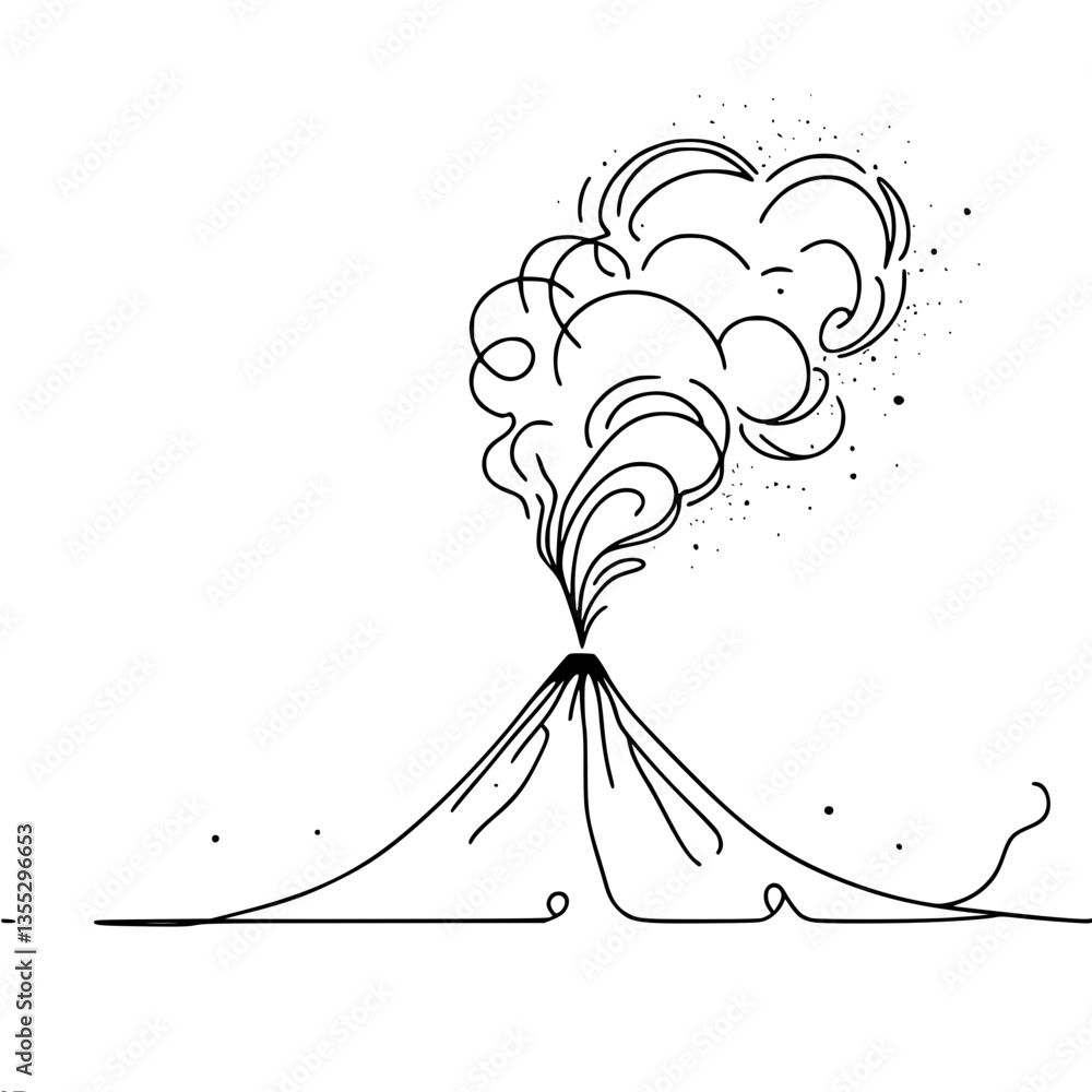 Poster single line vector drawing of a volcano erupting with smoke