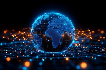 Obraz premium Glowing Blue Earth Pixelated Map with Orange Connection Lines, Digital Background