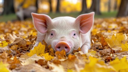 Adorable Piglet Rests in Golden Autumn Leaves.
