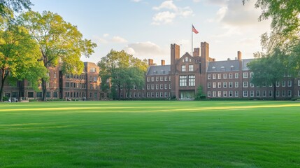 Grand historic college building with green lawn and flags under blue sky, symbolizing academic tradition, excellence and classical architecture, Generative AI