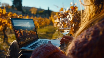 Blonde woman working on laptop outdoors in vineyard with autumn colors, glass of red wine on rustic table, blending nature and technology, Generative AI
