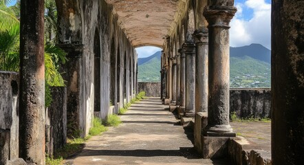 Fototapeta premium St. Kitts Architecture: Stone Corridor with Elegant Columns Capturing the Island's Heritage