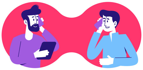 People in various activities of online communication, chatting. A cartoon people talking. The people are in different positions.