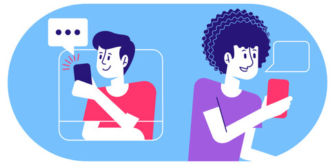 Illustrations of People Communicating Online - Colorful Characters in Various Positions and Conversations
