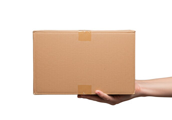 Hands offering a cardboard shipping box, ready for delivery, isolated on a transparent background.