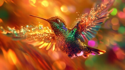Obraz premium Close-up of a hummingbird in flight, capturing the iridescent colors of its feathers