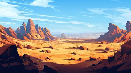 Vast Desert Landscape with Sandy Terrain and Jagged Rock Formations Under Clear Blue Sky and Wispy Clouds