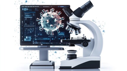 A Sleek and Modern Microscope with an AI-Powered Digital Display, Ultra-Detailed Lens System, and Futuristic Interface Showcasing a Magnified Virus Cell Structure