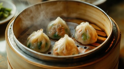 Four dumplings are steamed in a bamboo container with steam