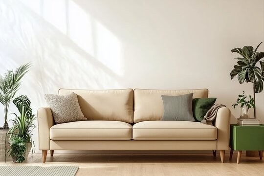 Bright and modern sunny livingroom with minimalist home decor interior design elements, soft couch with neutral color wall background and house plants
