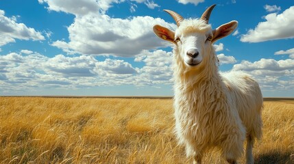 Obraz premium Angora Goat in a Serene Pasture: A Domestic Animal Under a Clear Sky