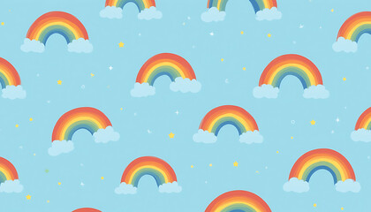 A colorful rainbow pattern on blue and pink backgrounds with tiny stars, bringing a cheerful and fun vibe