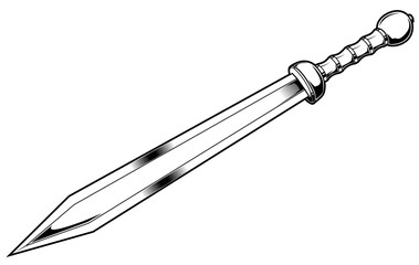 Schwarz-weiße Darstellung eines antiken römischen Schwertes oder Gladius mit Doppelklinge und Griff.