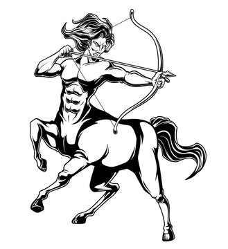 Schwarz-wei&szlig;e Vektorgrafik eines Zentauren mit Bogen im Kampfpose. Ideal f&uuml;r Fantasydesigns, Mythologie, Ausmalbilder und epische Illustrationen.