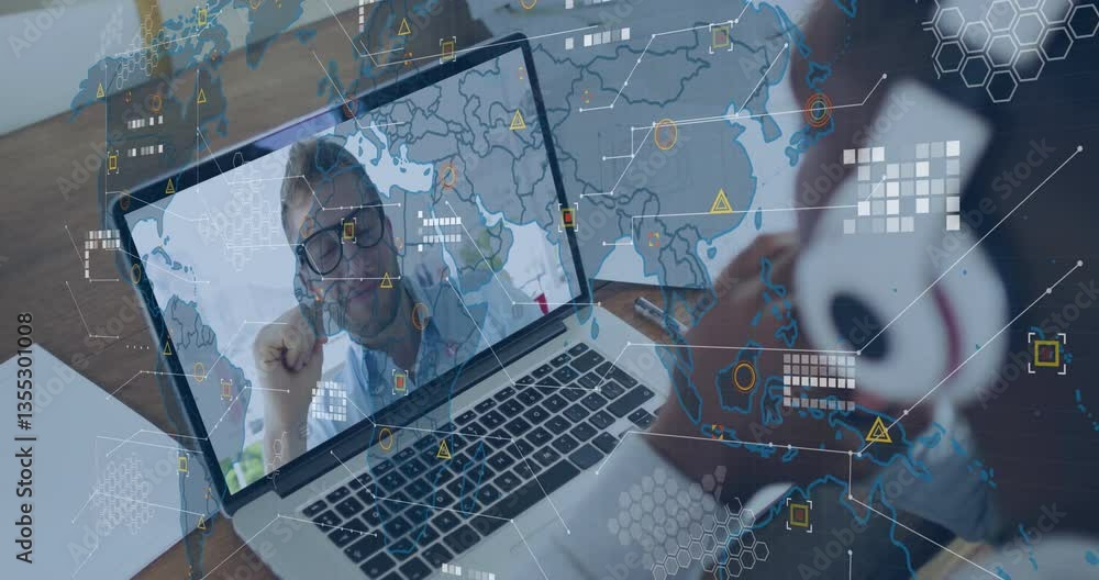 Poster man on video call overlaid with global network and data processing animation