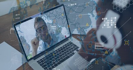 Man on video call overlaid with global network and data processing animation - Powered by Adobe