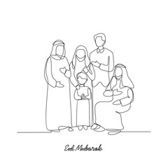 One continuous line drawing of celebration eid mubarak vector illustration. Eid mubarak celebration family time design concept with simple linear style. Islamic themes design for your vector asset.