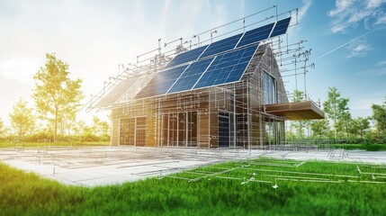 Naklejka premium Modern Eco-Friendly House Design with Solar Panels and Blueprints