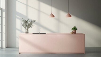 Modern kitchen with a large window on the left side. the window has white curtains and is letting in natural light.