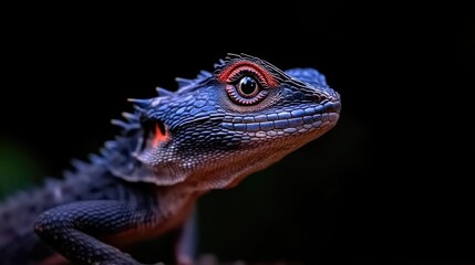Close-up of a vibrant blue lizard with red accents.  Details of the scales, eyes, and profile are highlighted