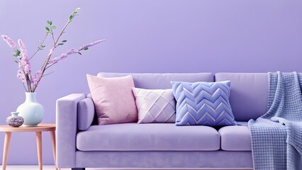 "Cozy purple living room with a soft sofa, colorful cushions, wooden side table, delicate vase with blooming branches, pastel walls, minimalist decor, inviting ambiance, warm lighting