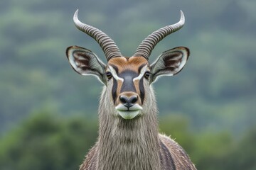 Fototapeta premium Majestic Portrait of a Mature Waterbuck Bull Amidst Lush Green African Wilderness Under a Cloudy Sky