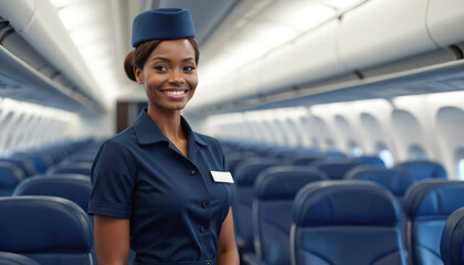 Smiling African American flight attendant in uniform inside airplane cabin. Black woman stewardess stands in aisle. Airline crew member, happy employee, air travel, commercial aviation concept.