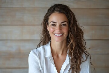 Beautiful Smiling Woman Portrait Attractive Happy Female Model Long Brown Hair White Shirt Casual Style Natural Beauty Professional Headshot Positive 