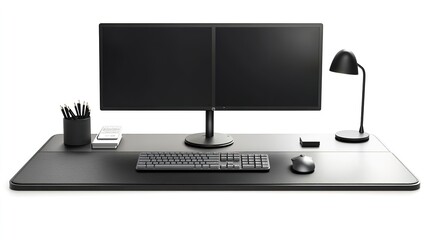 A Sleek, Modern Office Desk Setup Featuring a High-Resolution Dual-Monitor Workstation, an Ergonomic Keyboard, a Wireless Mouse, and a Stylish Desk Lamp